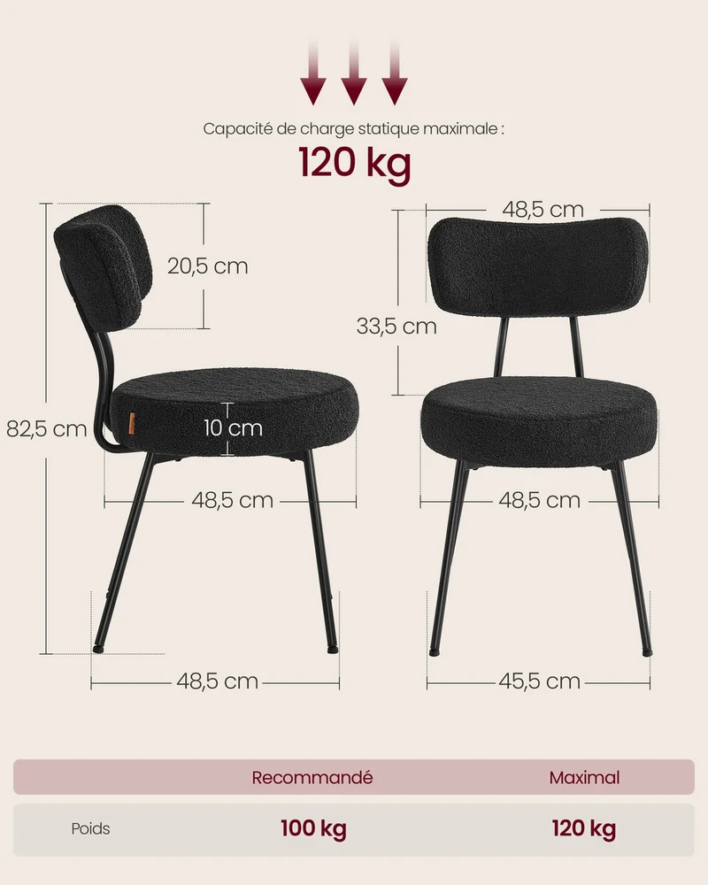 Lot de 2 chaises de salle à manger rembourrées confort moderne 59 x 48,5 x 82,5 cm en tissu peluche noir d'encre 12_0012873