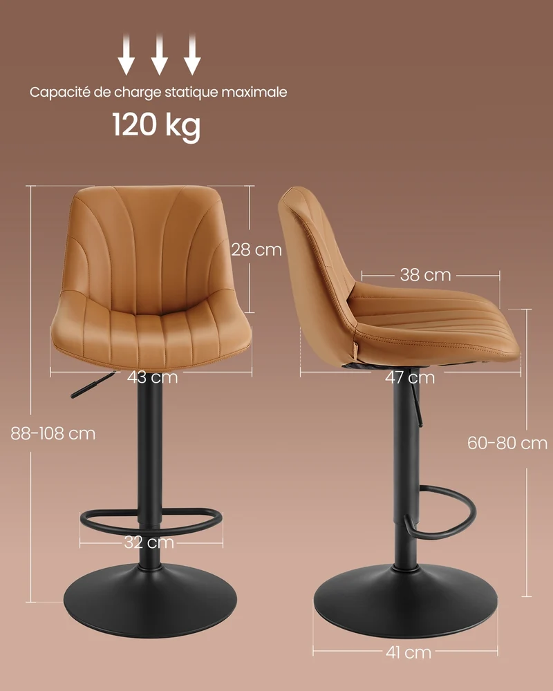 Lot de 2 tabourets de bar avec dossier hauteur réglable 46,5 x 43 x 88-108 cm assise ergonomique design moderne en PU marron caramel 12_0012126