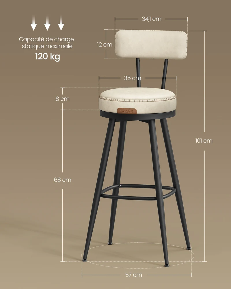 Lot de 2 tabourets de bar design moderne ergonomiques 57 x 57 x 101 cm en acier blanc crème 12_0012020