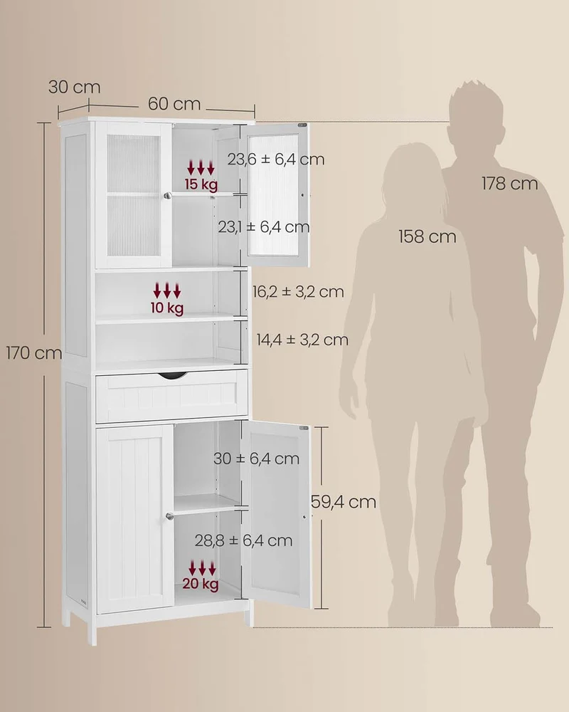 Meuble de rangement armoire salle de bain avec étagères réglables 30 x 60 x 170 cm style moderne en MDF blanc 12_0012840