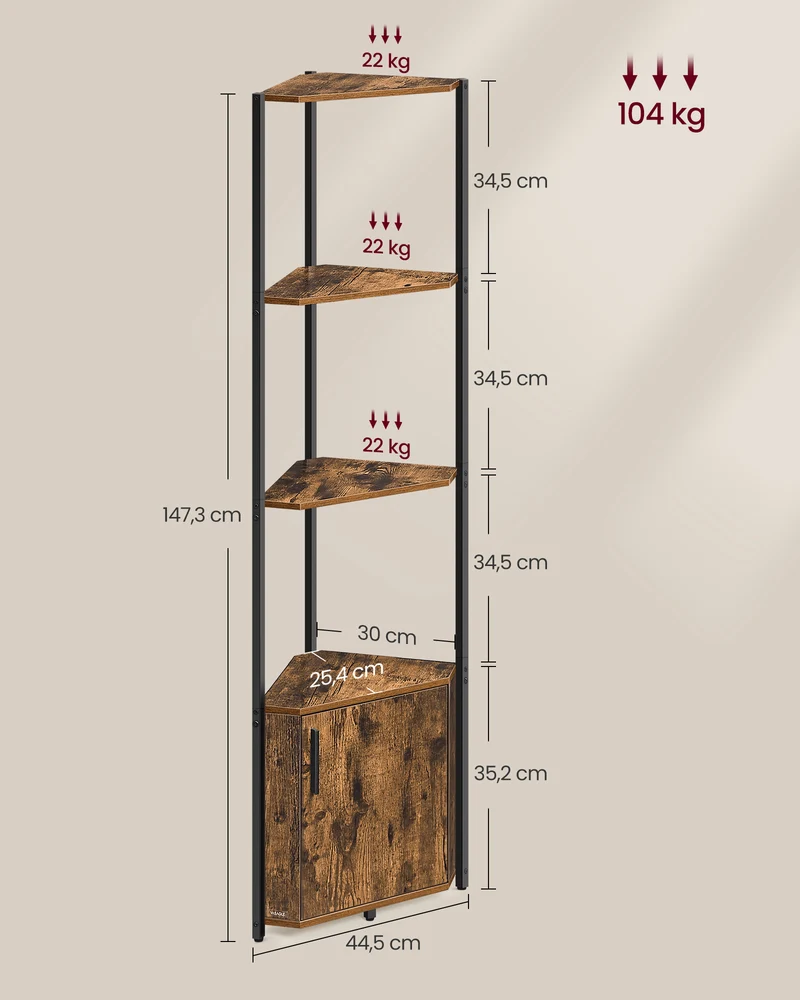 Étagère d'angle à 5 niveaux rangement salon chambre cuisine finition rustique 25,4 x 44,5 x 147,3 cm en aggloméré marron 12_0012780