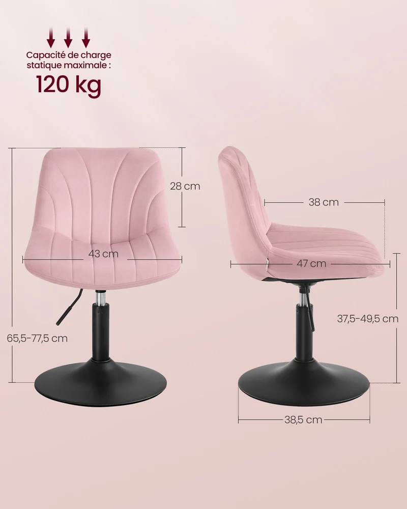 Lot de 2 chaises de coiffeuse réglable hauteur 46,5 x 43 x 77,5 cm avec dossier ergonomique style moderne en velours rose bonbon 12_0012742