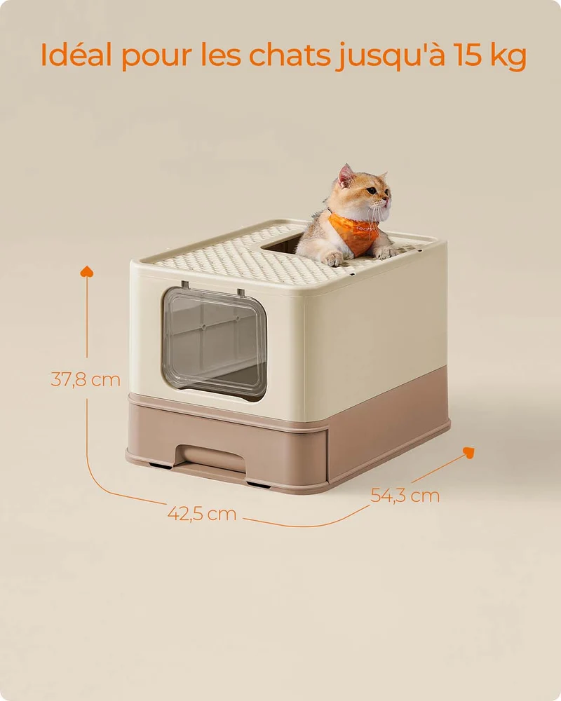 Bac à litière pour chat jusqu'à 15 kg avec pelle ergonomique 54,3 x 42,5 x 37,8 cm en plastique beige sable 12_0010908