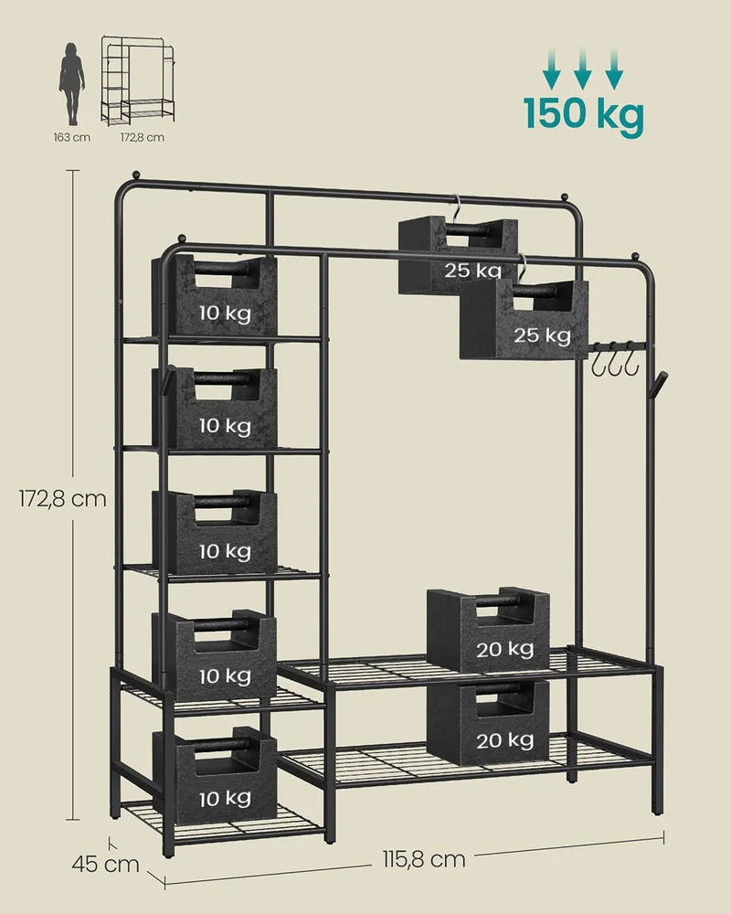 Portant à vêtements ouvert avec 7 étagères pour chambre salon entrée 45 x 115,8 x 172,8 cm en acier noir 12_0012909