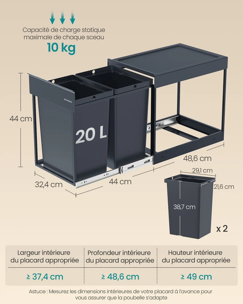 Poubelle de tri sélectif extractible coulissante 48,6 x 36,2 x 44 cm 2 seaux de 20 L design moderne en acier gris 12_0012677