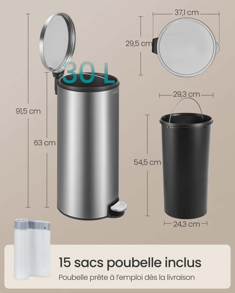 Poubelle ronde 30 L avec seau amovible et couvercle à fermeture douce 29,5 x 37,1 x 63 cm en acier inoxydable blanc 12_0012545