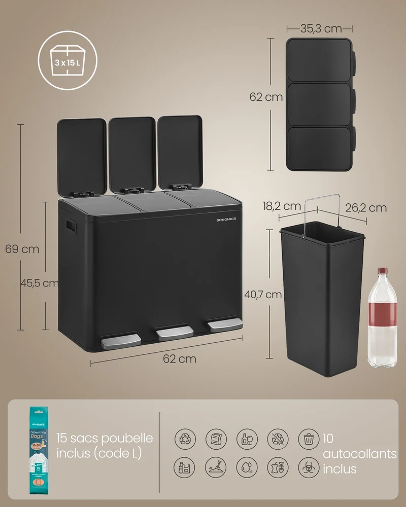 Poubelle de cuisine 62 x 35,3 x 45,5 cm tri sélectif 2 compartiments avec couvercles ergonomiques en acier inoxydable noir 12_0012572