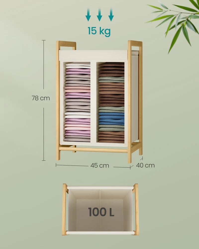 Panier à linge 2 compartiments 45 x 40 x 78 cm avec couvercle amovible style épuré salle de bain en bambou blanc crème 12_0012414