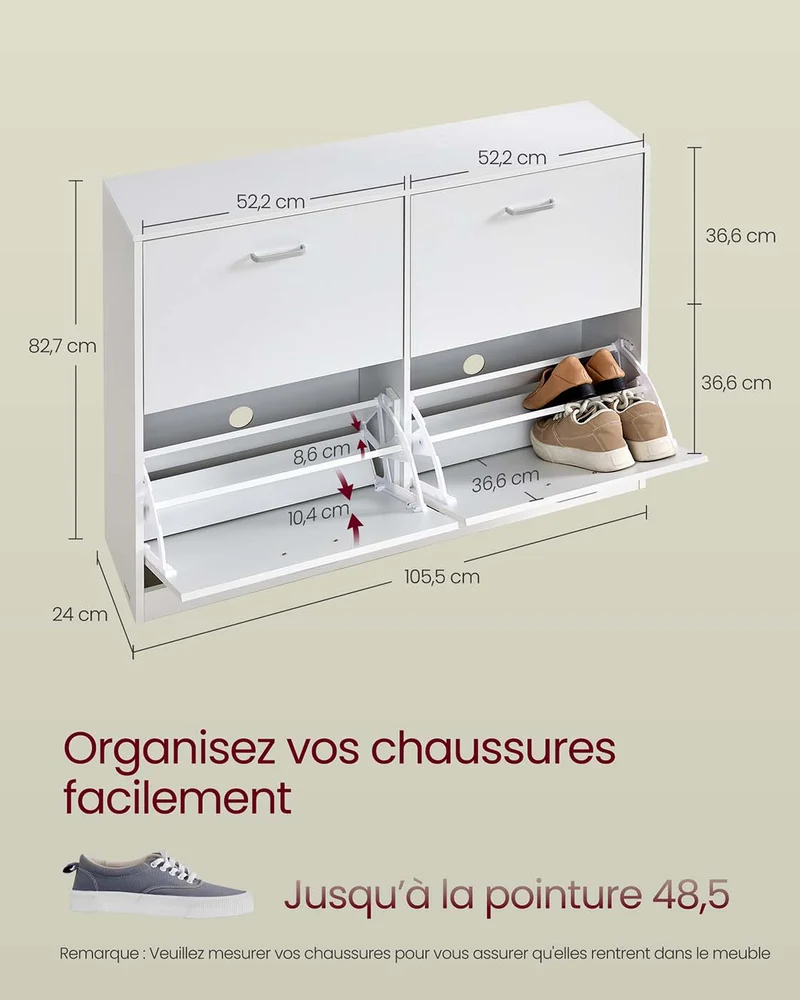 Meuble à chaussures 4 portes pour entrée réglable 24 x 105,5 x 82,7 cm en aggloméré blanc neige 12_0012269