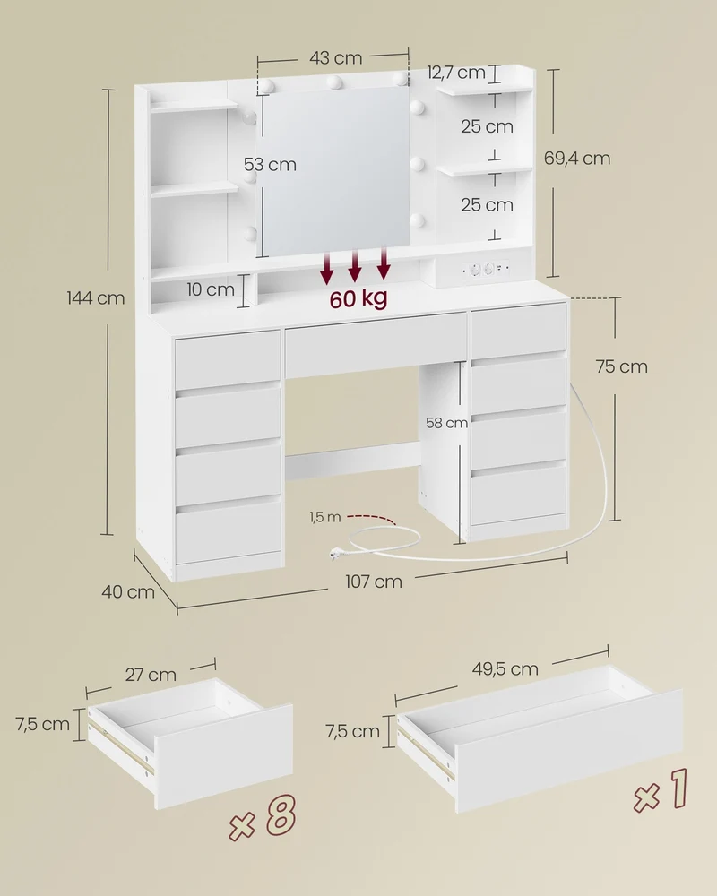 Coiffeuse avec miroir éclairage LED 40 x 107 x 144 cm rangement bijoux 9 tiroirs design moderne en aggloméré blanc 12_0012228