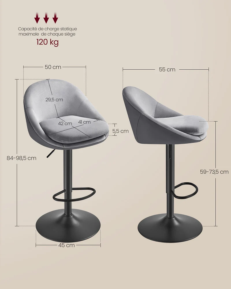 Lot de 2 tabourets de bar réglables pivotants design moderne 52,5 x 50 x 108,5 cm en velours gris tourterelle 12_0011654