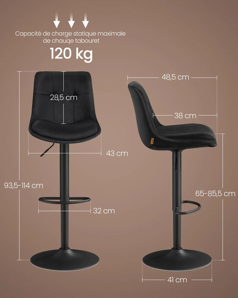 Lot de 2 tabourets de bar pivotants réglables 48.5 x 43 x 93.5-114 cm confort matelassé style moderne en velours noir 12_0011578