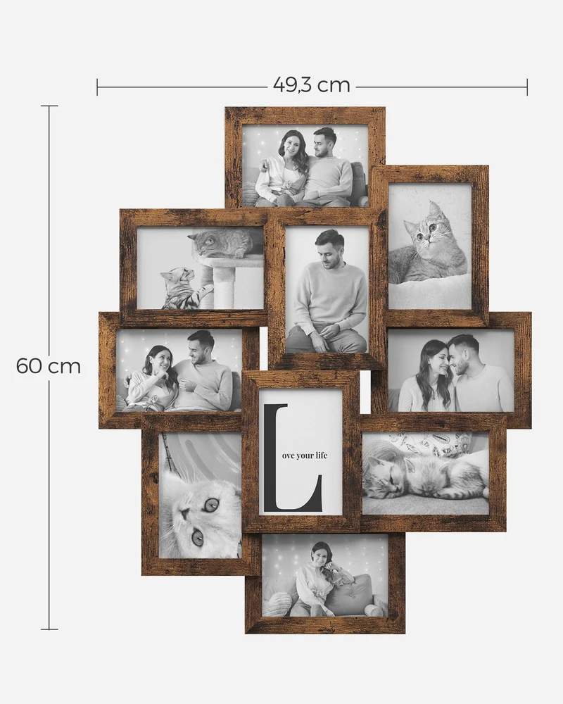 Pêle-mêle mural pour 10 photos 60 x 3,6 x 49,3 cm design contemporain style rustique en MDF noir 12_0009879