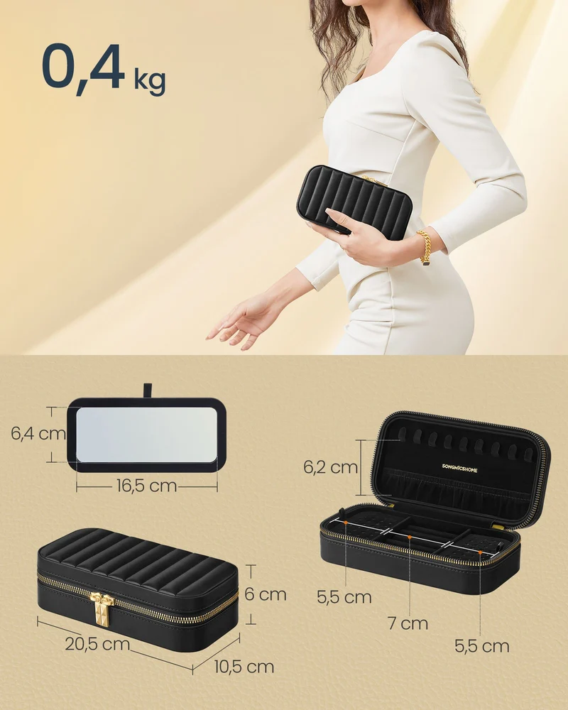 Boîte à bijoux de voyage portable 10,5 x 20,5 x 6 cm avec miroir finition élégante en PU noir 12_0011870