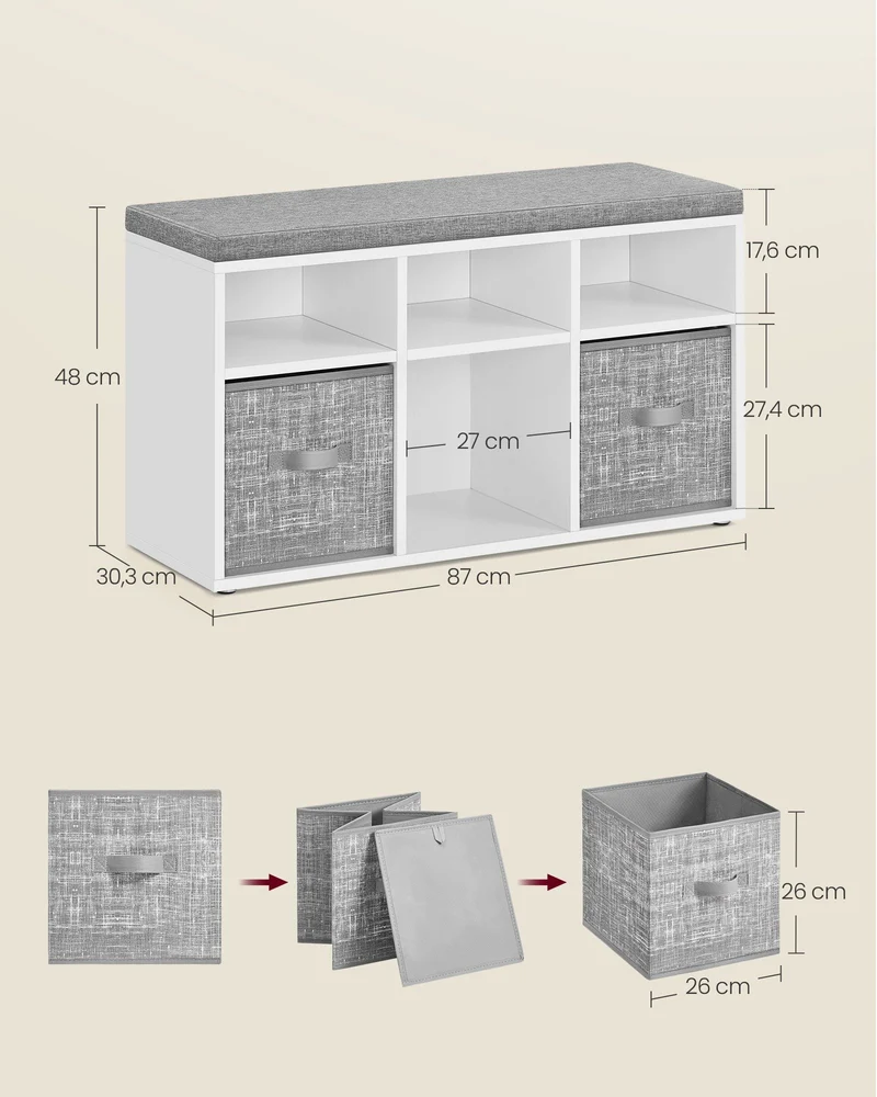 Banc à chaussures organisateur avec 6 compartiments et 3 étagères réglables 30,3 x 87 x 48 cm style épuré entrée en aggloméré blanc 12_0011850