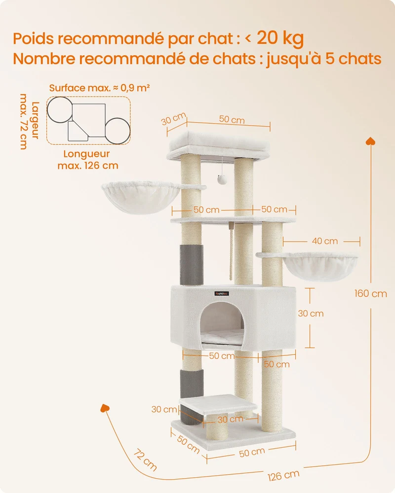 Arbre à chat grand et stable avec niches et hamacs 50 x 50 x 160 cm pour plusieurs chats en tissu peluche gris tourterelle 12_0010469