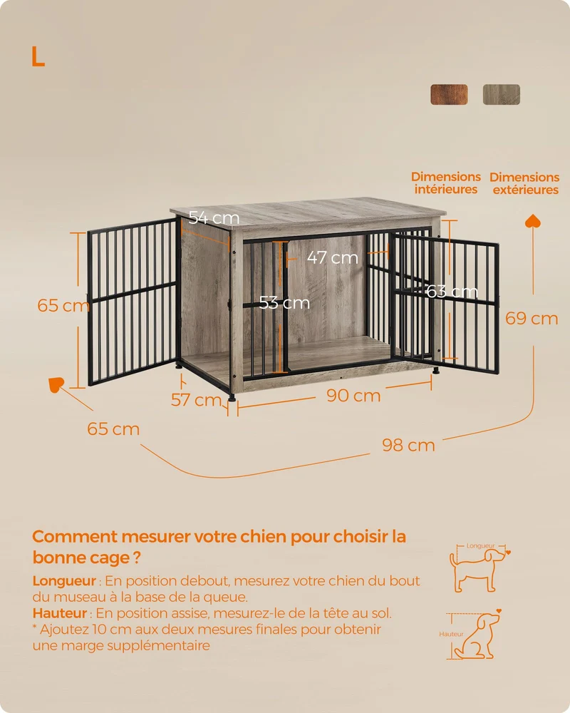 Meuble cage pour chien moderne double porte 98 x 65 x 69 cm solide et spacieux ambiance cosy en aggloméré grège chiné 12_0011385