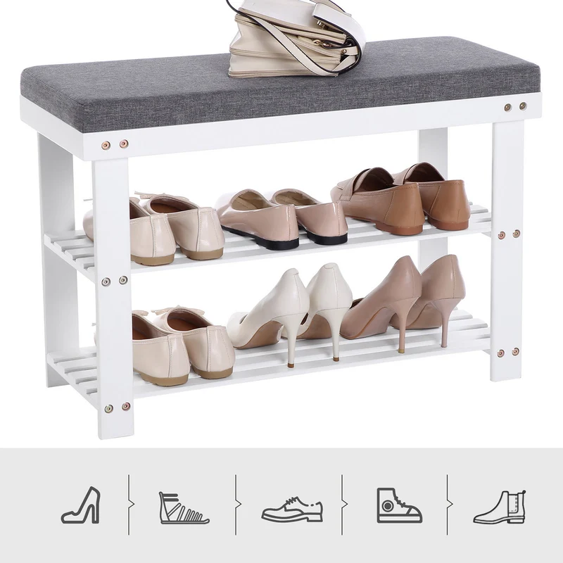 Banc à chaussures organisé entrée salon 71 x 29 x 49 cm stable charge 150 kg en bambou blanc 12_0011334
