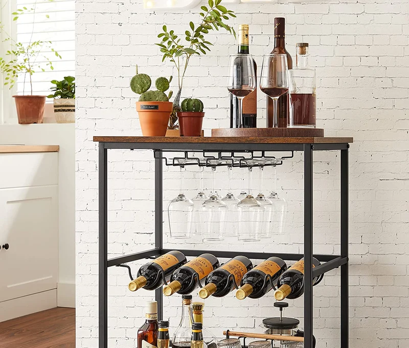 Desserte mobile sur roulettes avec supports pour verres et portes-bouteilles 60 x 40 x 75 cm style industriel en aggloméré marron 12_0009765