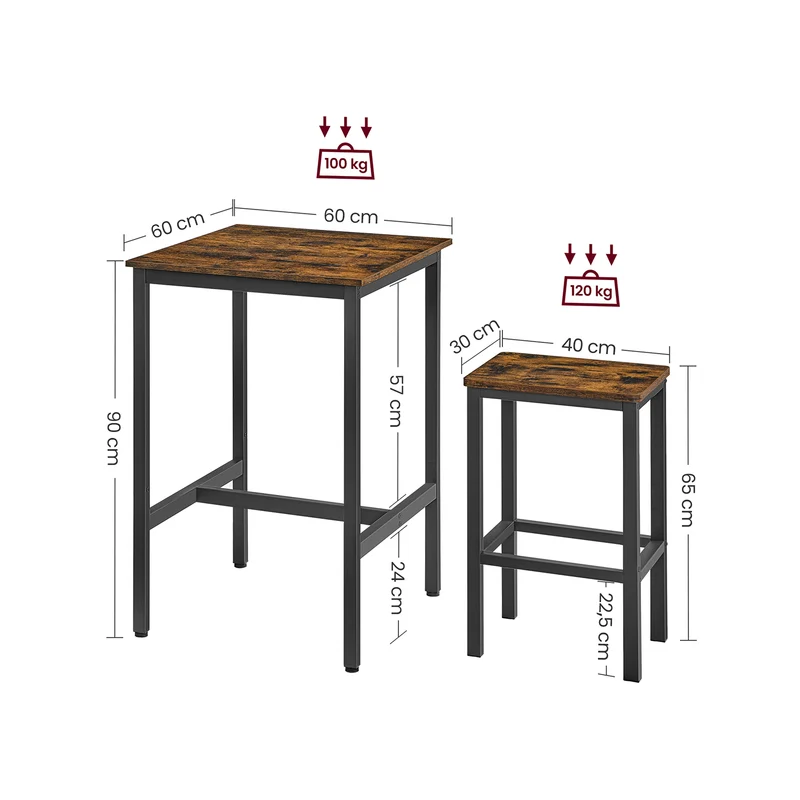Ensemble table de bar et tabourets haut style industriel 60 x 60 x 90 cm assise confortable finition mate en aggloméré noir 12_0009426