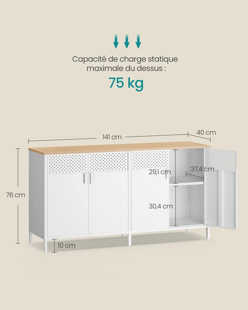 Meuble de rangement buffet double porte aimantée 40 x 141 x 76 cm avec étagère réglable style industriel en aggloméré marron 12_0010261