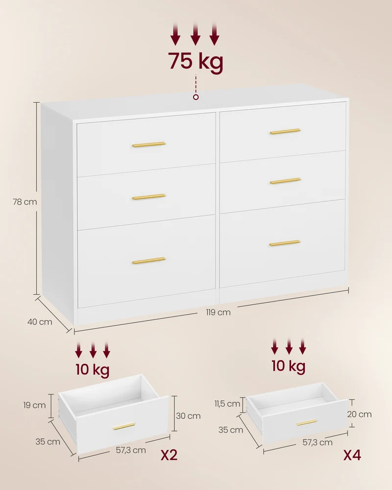 Commode de chambre moderne 40 x 119 x 78 cm 6 tiroirs espace de rangement fonctionnel en panneau d'aggloméré blanc 12_0013173
