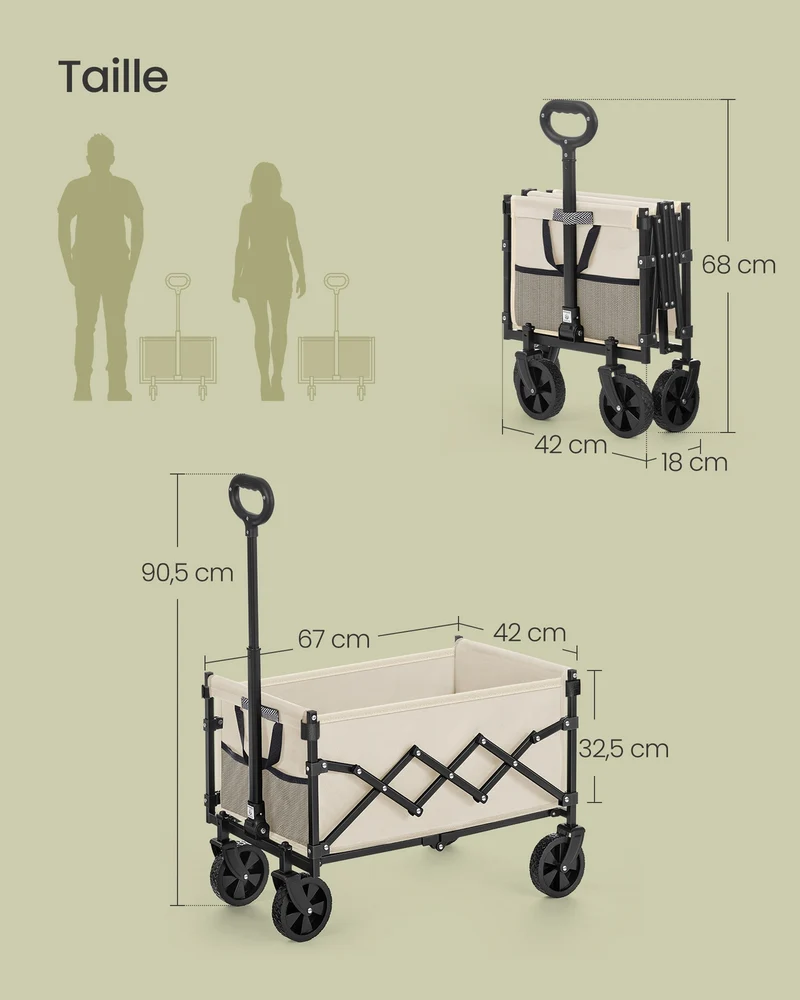 Chariot de transport pliable extérieur 42 x 67 x 90,5 cm grande capacité 90 litres finition robuste en acier beige sable 12_0012824