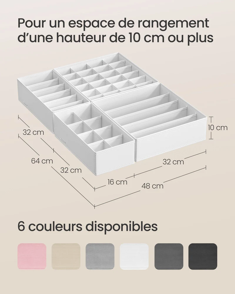 Lot de 8 organisateurs de sous-vêtements 32 x 32 x 10 cm 32 x 16 x 10 cm 24 compartiments pratique rangement en tissu blanc nuage 12_0012874
