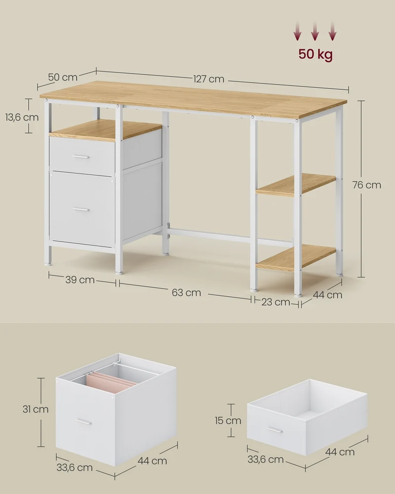 Bureau d'ordinateur avec rangement 127 x 50 x 76 cm style industriel ambiance cosy en panneaux d'aggloméré marron 12_0012727