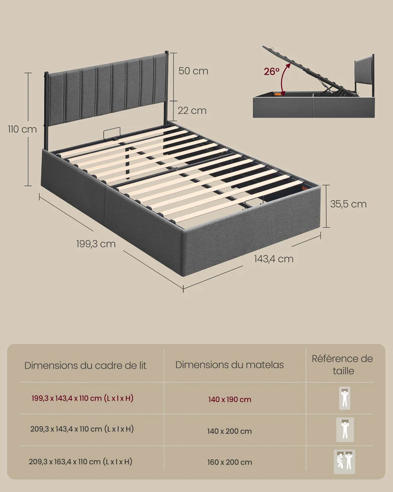 Lit coffre moderne avec rangement système hydraulique 198,8 x 143,4 x 110 cm en tissu gris ardoise 12_0012641