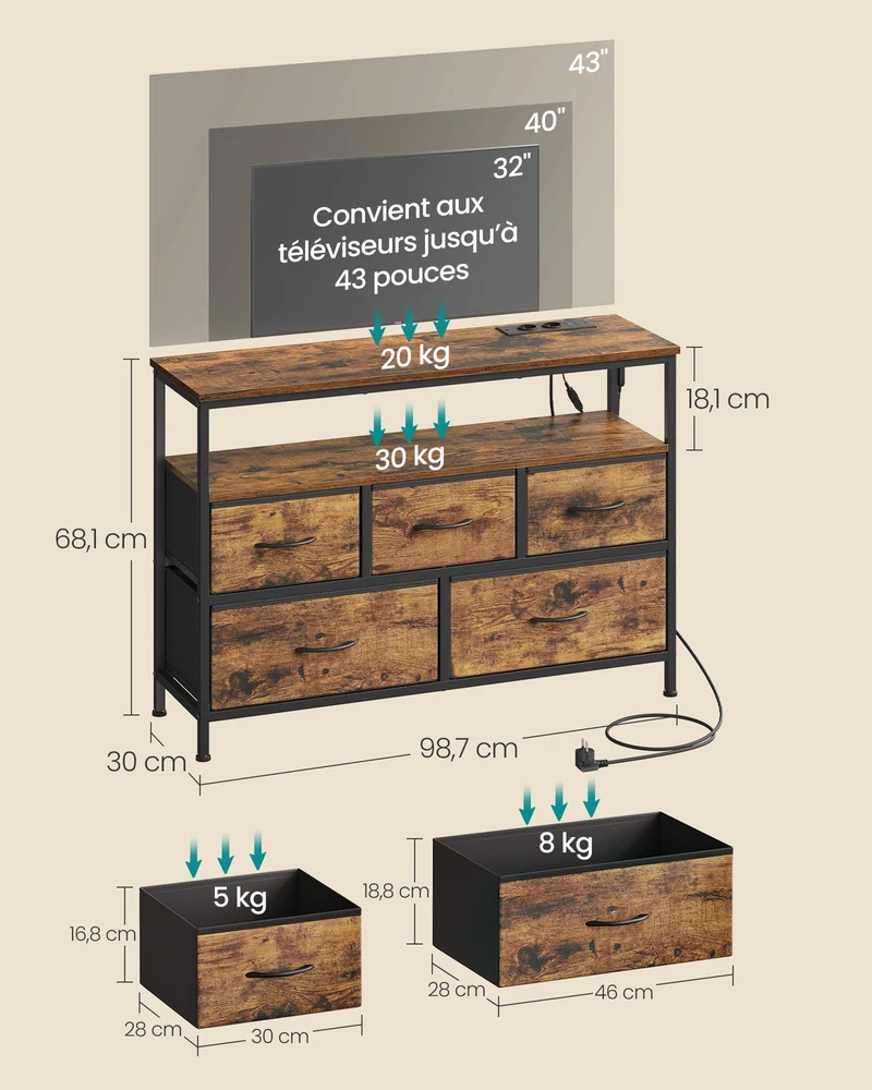 Commode de rangement industrielle avec éclairage LED ajustable 30 x 98,7 x 68,1 cm en aggloméré marron rustique 12_0012911