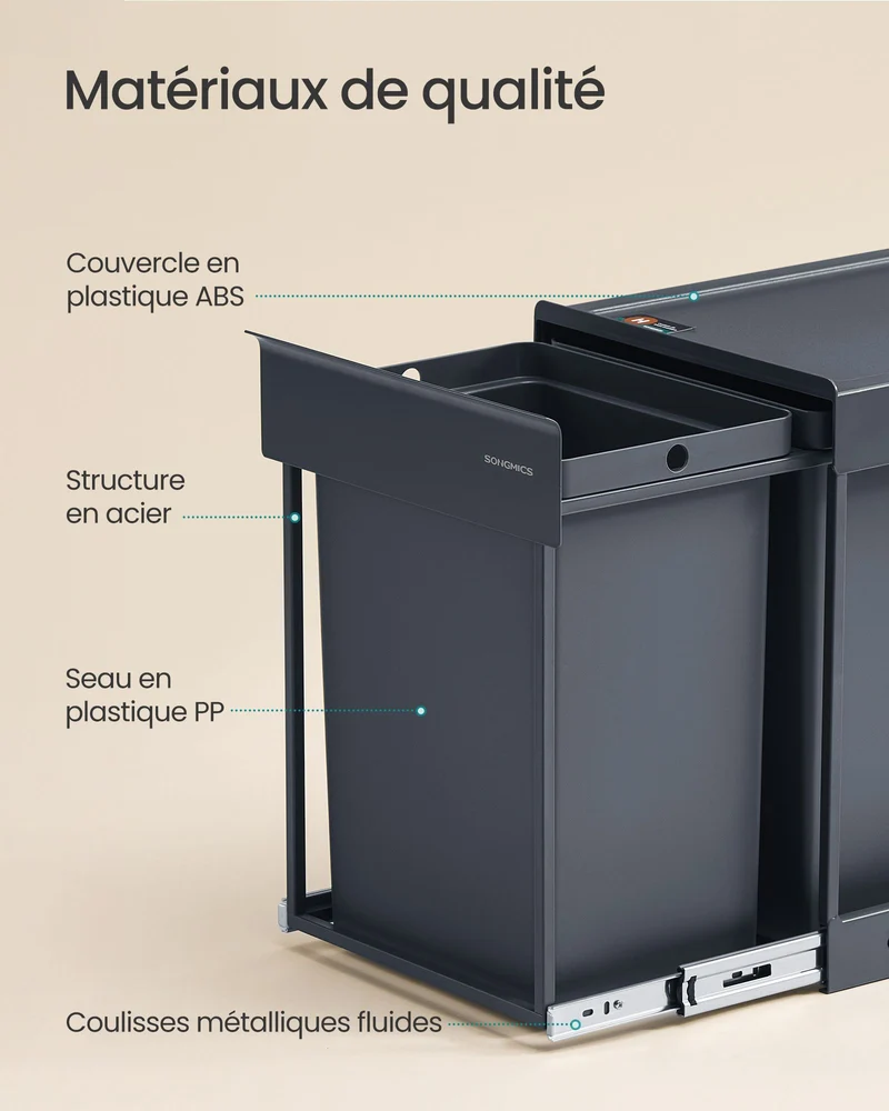 Poubelle de tri sélectif extractible coulissante 48,6 x 25,4 x 44 cm avec couvercle ergonomique style moderne en acier gris 12_0012899