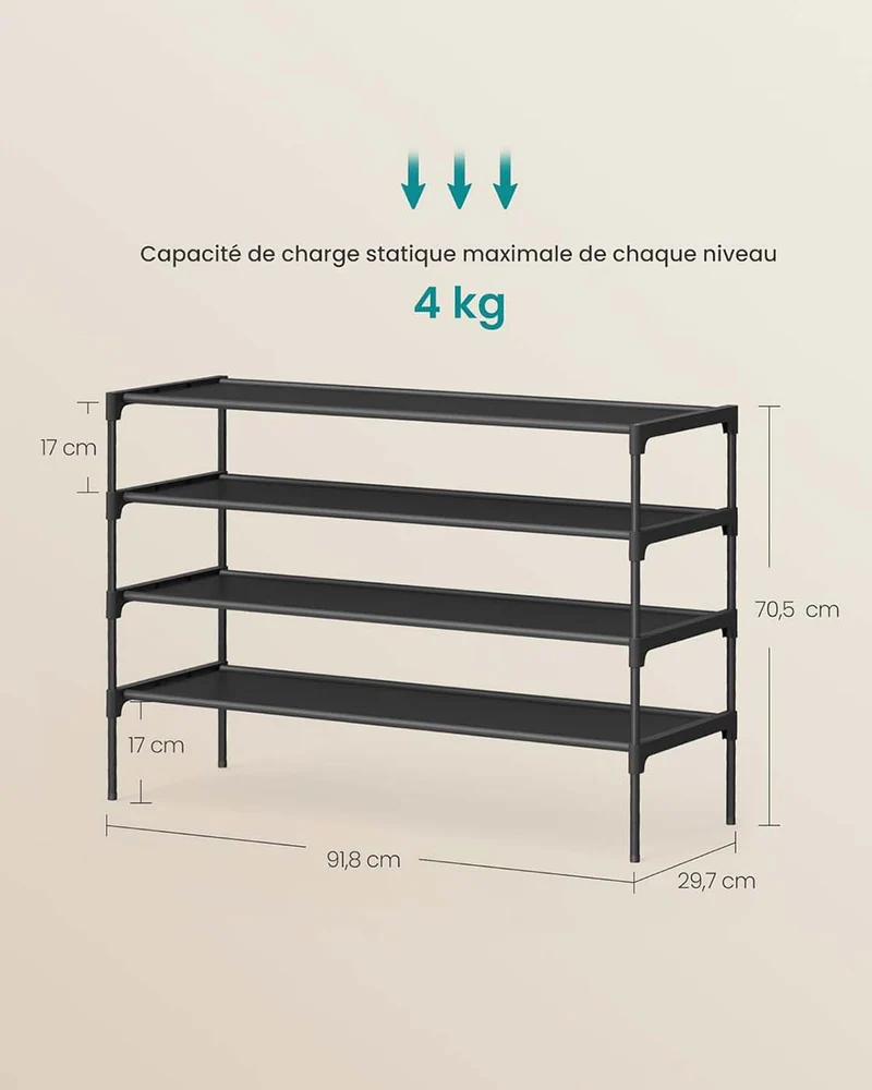 Étagère à chaussures 3 niveaux gain de place entrée couloir 29,7 x 91,8 x 70,5 cm style moderne en métal noir 12_0012080