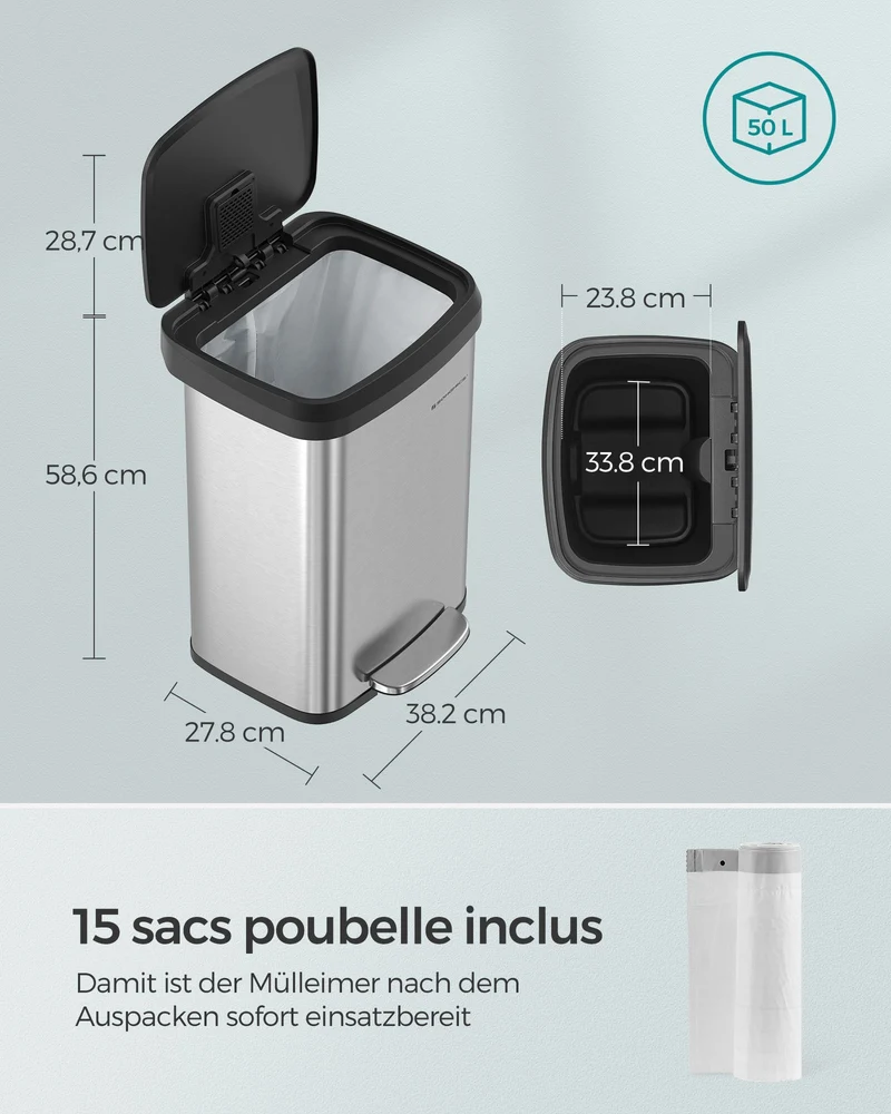 Poubelle à pédale grande capacité 50 L design moderne cuisine 40,4 x 32,1 x 58,5 cm en métal argent 12_0010634