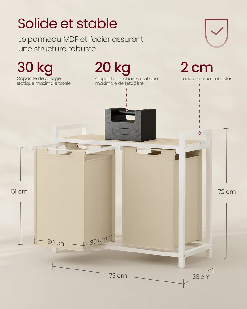 Panier à linge moderne avec étagère 73 x 33 x 72 cm rangement pratique salle de bain en MDF beige cappuccino 12_0010195