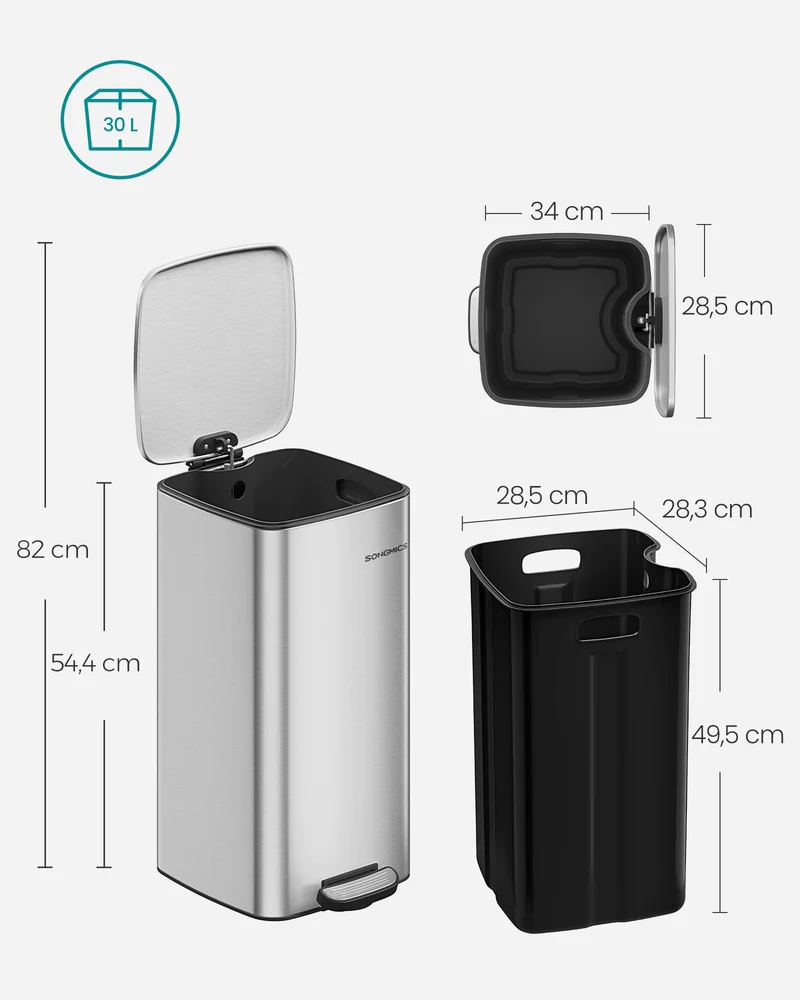 Poubelle de cuisine poubelle 30 l poubelle à pédale en acier avec seau intérieur fermeture douce et maintien en ouverture argent métallique 12_0007225