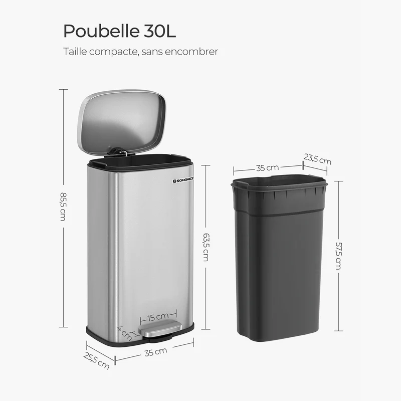 Poubelle de cuisine à pédale en acier inoxydable seau intérieur en plastique volume 30l fermeture en douleur anti-odeurs argent métallisé 12_0007199