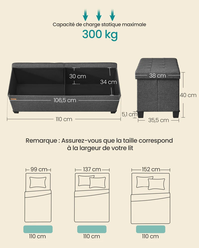 Banc de rangement pliable avec couvercle rabattable 38 x 110 x 40 cm assise confortable style contemporain en tissu gris ardoise 12_0013167