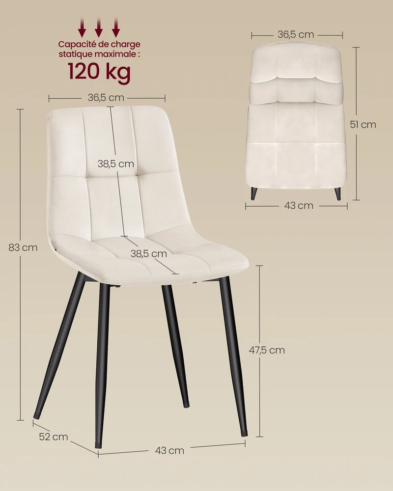 Lot de 4 chaises pivotantes ergonomiques salle à manger 43 x 52 x 83 cm style contemporain en velours beige 12_0013123