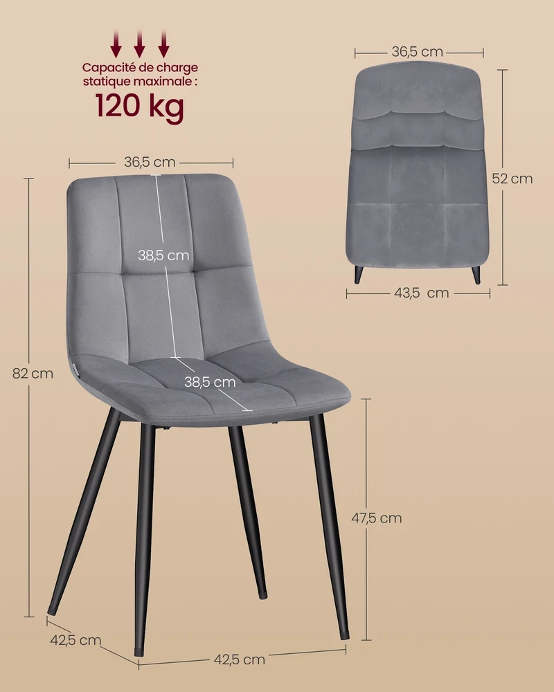 Lot de 4 chaises de salle à manger modernes rembourrées confortables 51 x 43 x 82 cm en velours gris ardoise 12_0012601