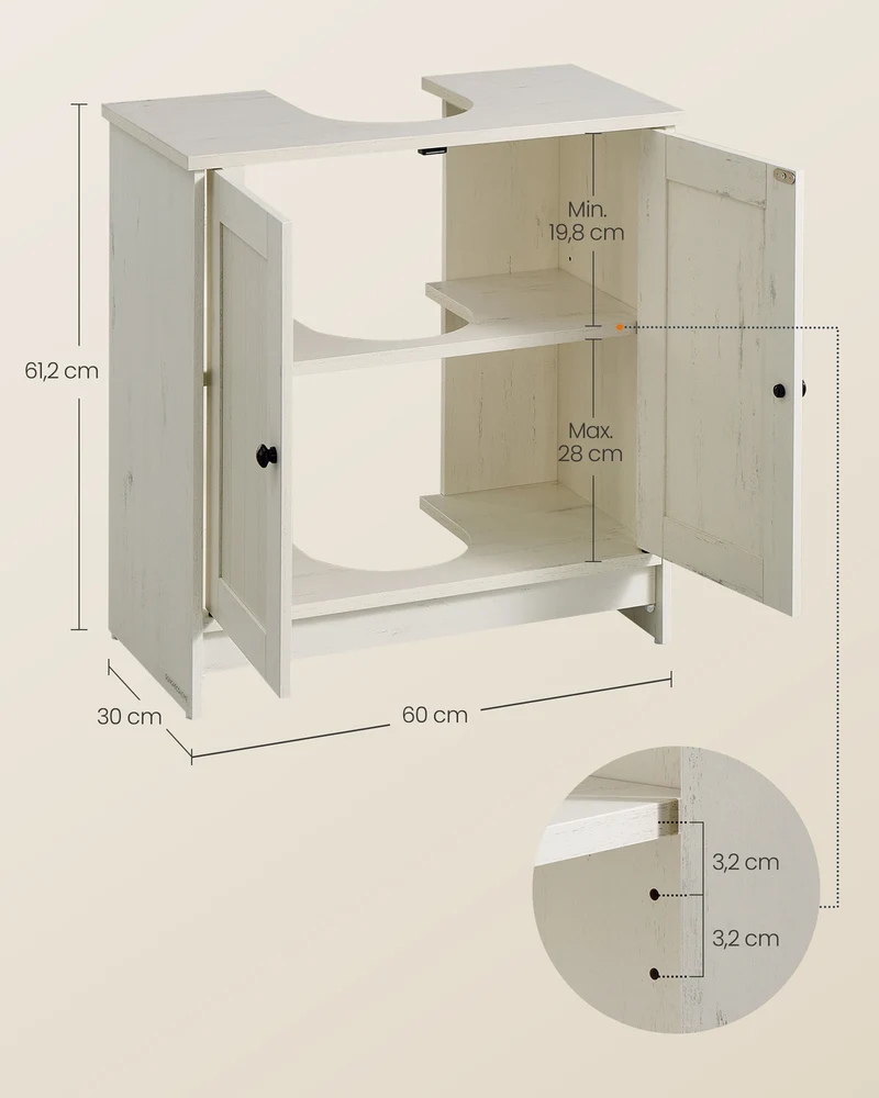Meuble sous lavabo avec étagère réglable 30 x 60 x 61,2 cm rangement pratique style rustique en aggloméré blanc 12_0012419