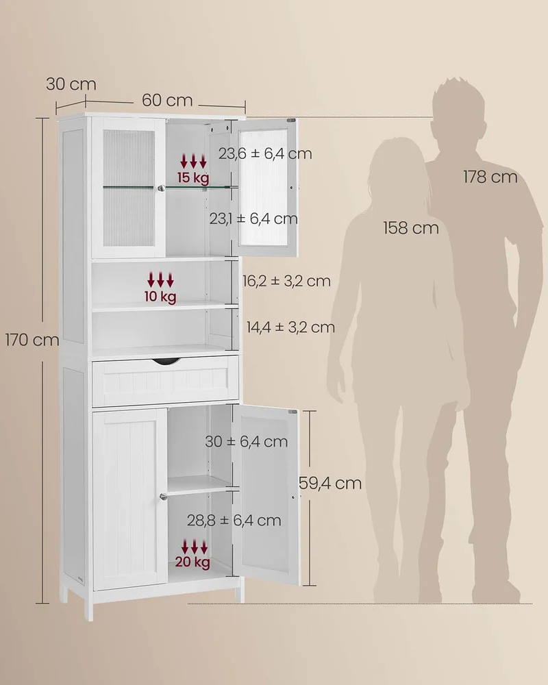Meuble de rangement armoire avec étagères réglables 30 x 60 x 170 cm usage salle de bain et salon style contemporain en MDF blanc 12_0012695