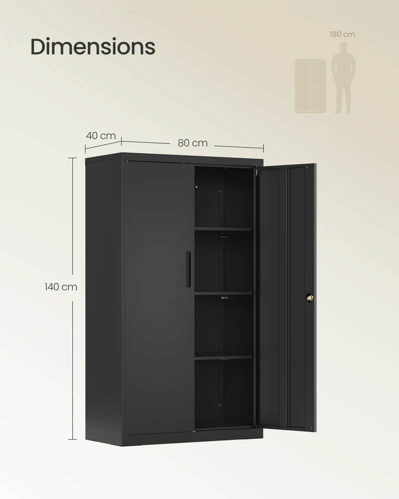 Caisson de bureau verrouillable avec 2 portes et 3 étagères réglables 80 x 40 x 140 cm en acier noir mat 12_0012666