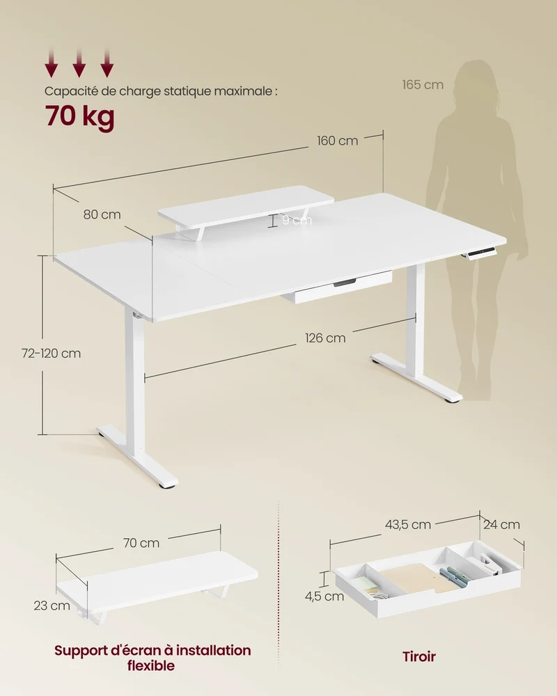 Bureau électrique réglable en hauteur 160 x 80 cm avec tiroir ergonomique pour télétravail ambiance moderne en panneau aggloméré blanc 12_0012424