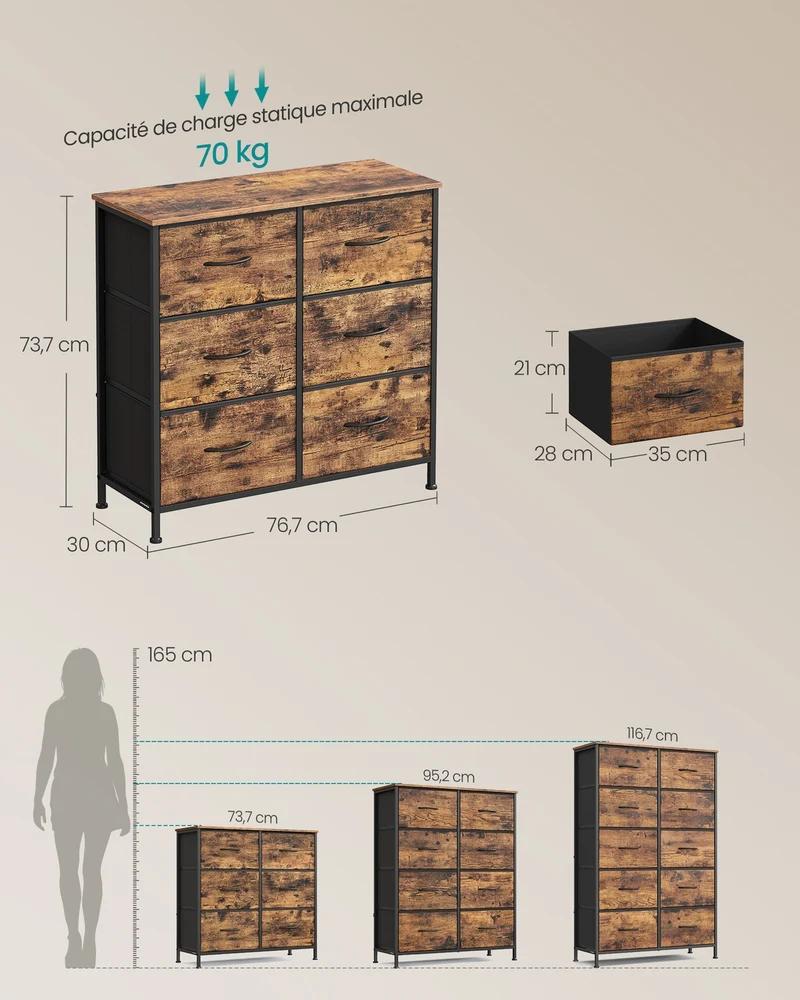 Commode de rangement stylée pour chambre 30 x 76,7 x 73,7 cm capacité 40 kg ambiance rustique en MDF marron 12_0012203