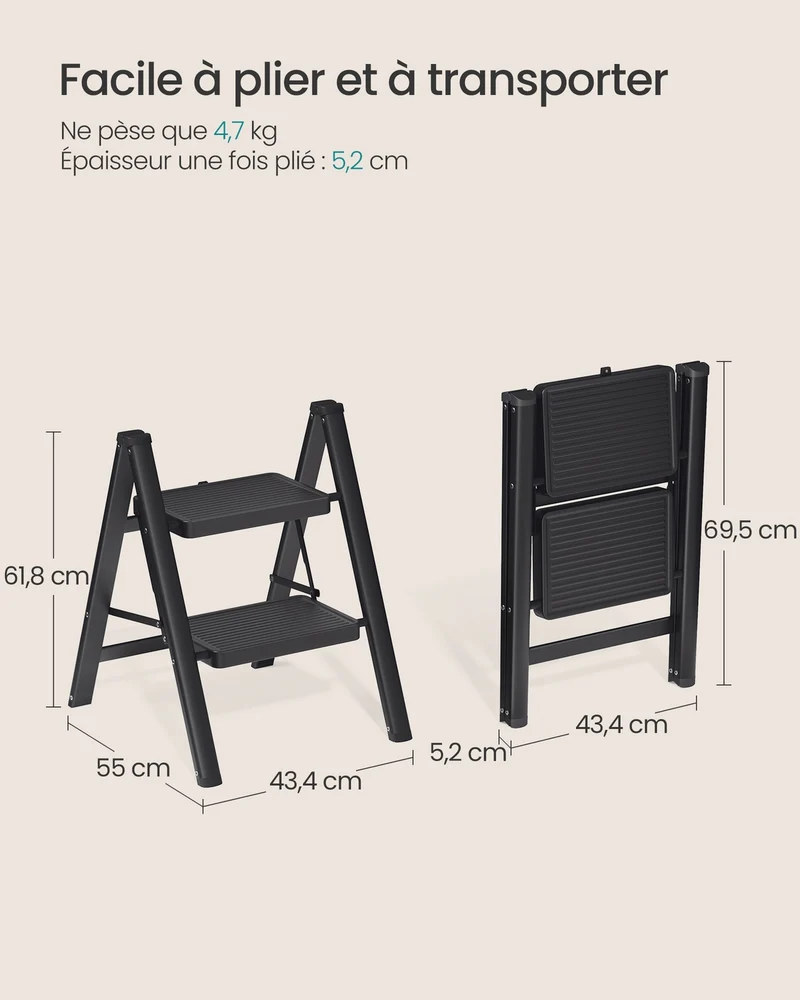 Escabeau pliable 2 marches capacité 150 kg facilement rangeable design moderne 55 x 43,4 x 61,8 cm en acier noir 12_0012168