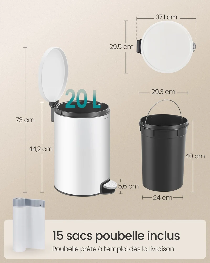 Poubelle ronde 29,5 x 37,1 x 44,2 cm avec seau amovible et pédale pratique style contemporain en acier blanc 12_0012084