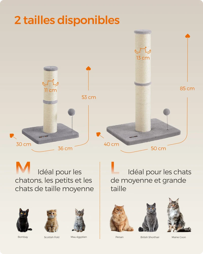 Griffoir pour chat 50 x 40 x 85 cm dissuade de gratter les meubles design moderne en sisal gris tourterelle 12_0011949