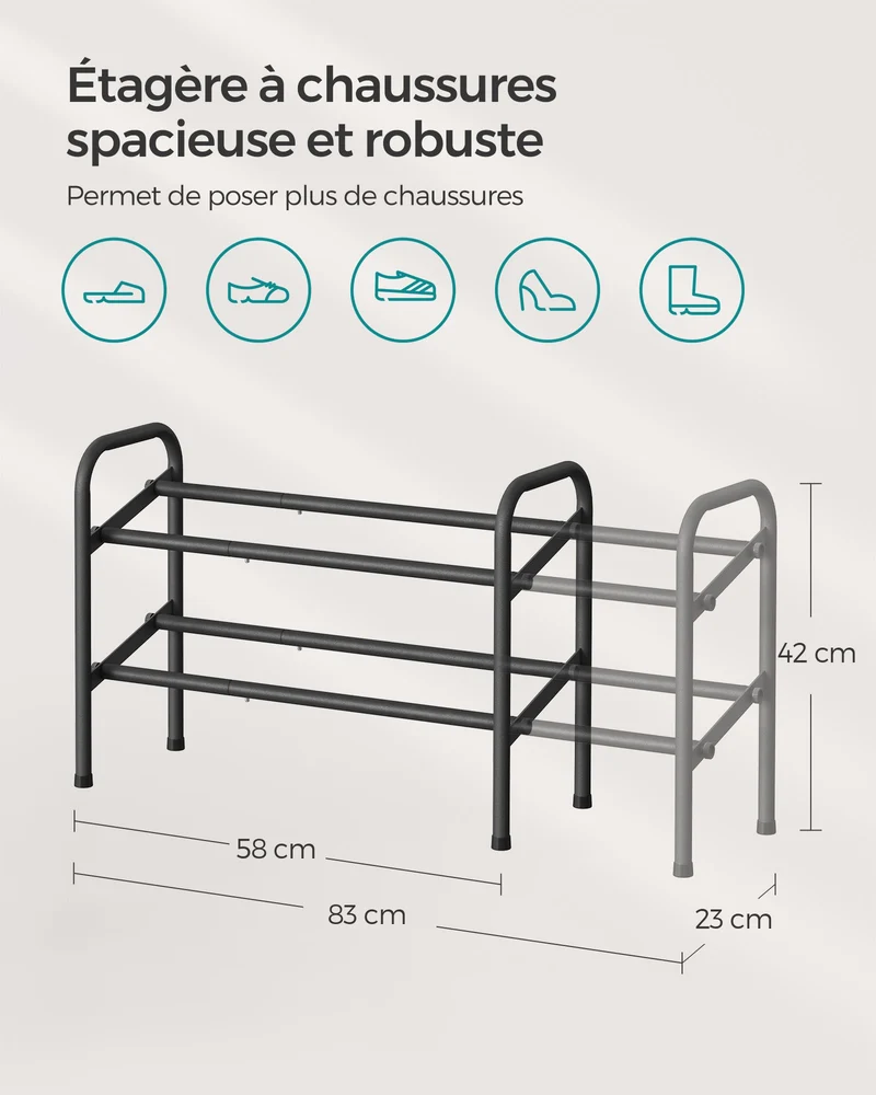 Étagère à chaussures ajustable pour entrée placard 23 x 83 x 42 cm en acier noir 12_0011878