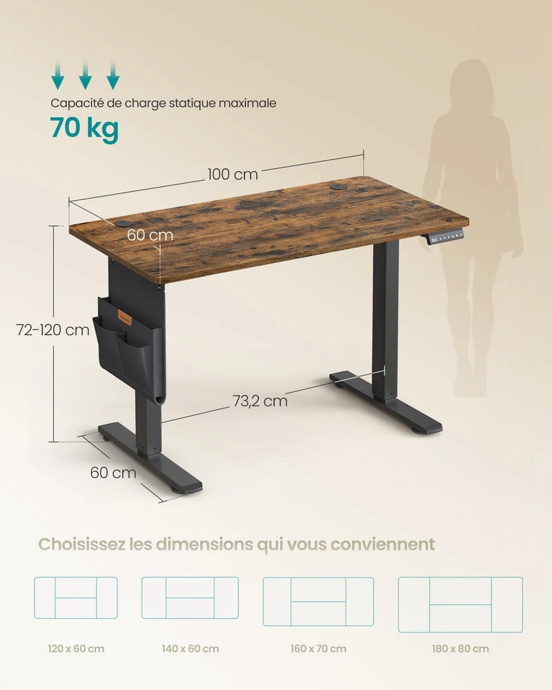 Bureau réglable en hauteur 100 x 60 x 72-120 cm avec pochette de rangement style rustique en panneau d’aggloméré marron 12_0011794